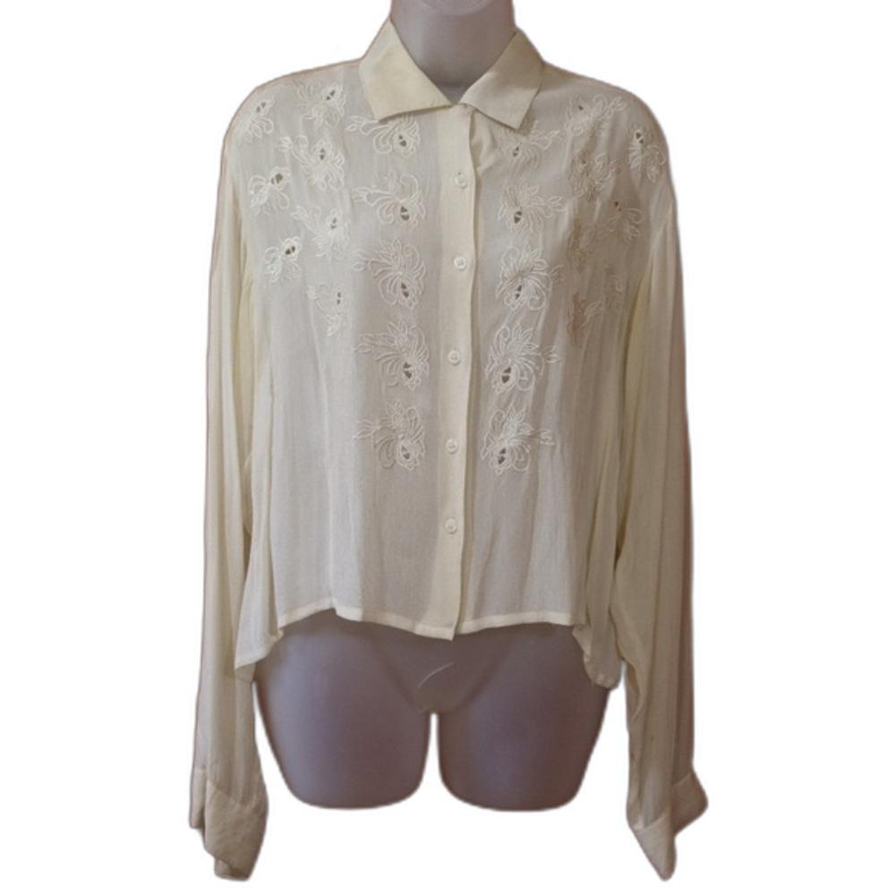Vintage French Connection Cream Eyelet Embroidered Button Down Blouse Medium
